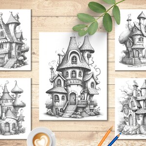 May include: Five black and white pencil drawings of whimsical houses with intricate details. Each house has a unique design and features such as chimneys, windows, and doors. The houses are drawn in a realistic style and are set against a white background.