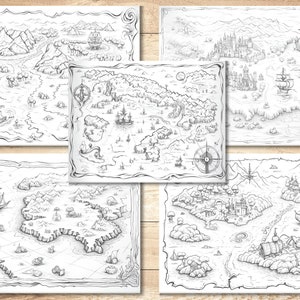 Pu&ograve; includere: Un set di quattro mappe stampabili in bianco e nero con un tema nautico. Ogni mappa presenta un'isola diversa con un castello, un villaggio e una nave. Le mappe sono perfette per l'uso in giochi di ruolo, storie fantasy o come arte murale decorativa.