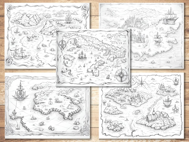 Pu&ograve; includere: Un set di quattro mappe stampabili in bianco e nero con un tema nautico. Ogni mappa presenta un'isola diversa con un castello, un villaggio e una nave. Le mappe sono perfette per l'uso in giochi di ruolo, storie fantasy o come arte murale decorativa.