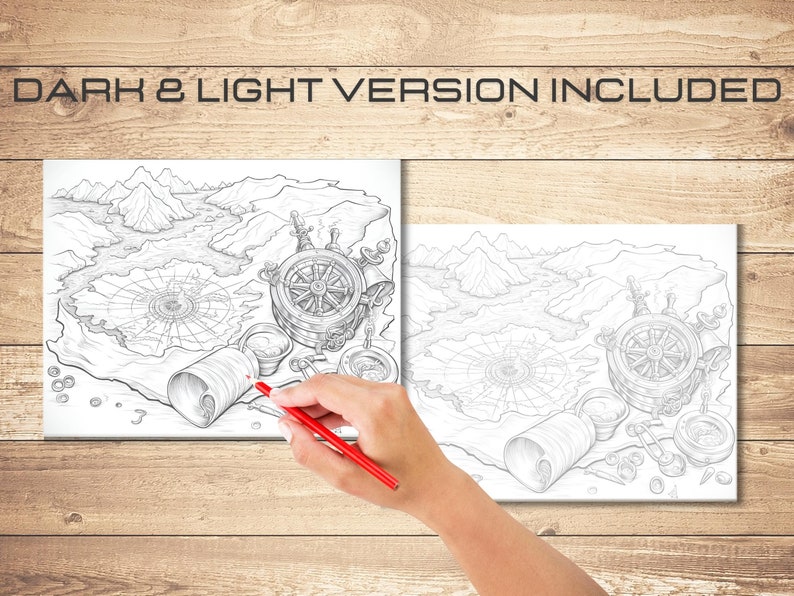 Pu&ograve; includere: Un disegno in bianco e nero di una mappa del tesoro con una bussola, un timone di nave e altri oggetti nautici. Il testo "DARK & LIGHT VERSION INCLUDED" &egrave; in alto nell'immagine.