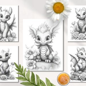 Puede incluir: Cinco ilustraciones en blanco y negro de adorables dragones beb&eacute;s con alas, sentados en rocas rodeados de rosas. Los dragones tienen ojos grandes y est&aacute;n dibujados en un estilo de dibujos animados.