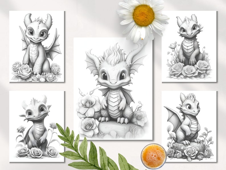Puede incluir: Cinco ilustraciones en blanco y negro de adorables dragones beb&eacute;s con alas, sentados en rocas rodeados de rosas. Los dragones tienen ojos grandes y est&aacute;n dibujados en un estilo de dibujos animados.