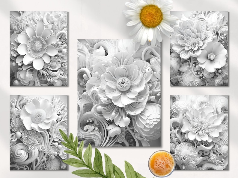 May include: Five black and white framed prints of paper flowers with intricate details. The prints are arranged in a grid pattern on a white surface.