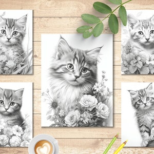 May include: Five black and white illustrations of kittens surrounded by flowers. Each illustration features a different kitten pose and floral arrangement.