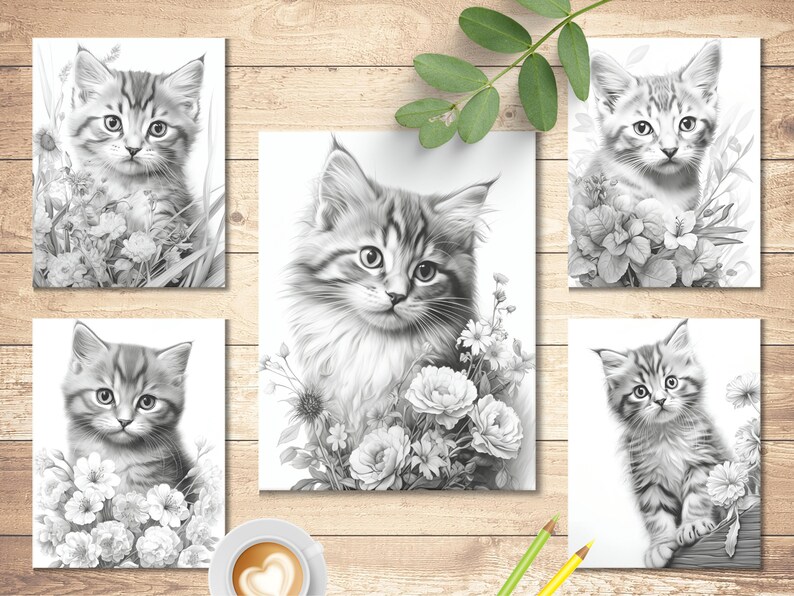 May include: Five black and white illustrations of kittens surrounded by flowers. Each illustration features a different kitten pose and floral arrangement.