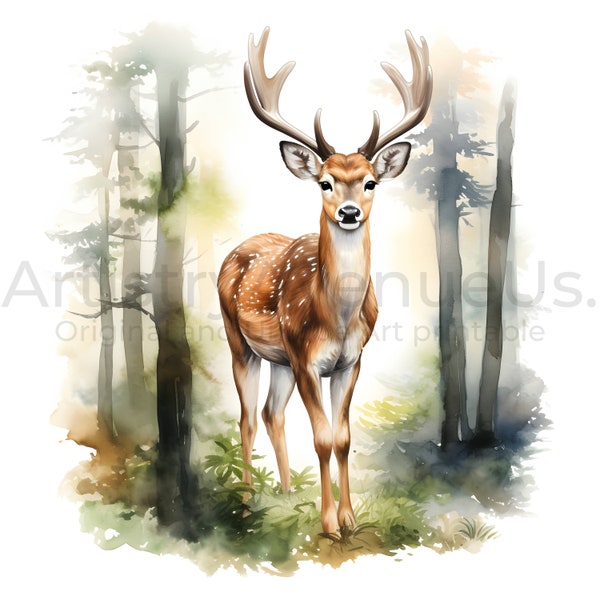 Deer in a Forest Clipart - 12 High Quality JPGs | Watercolor | Digital Planners | Junk Journals | Nature | Digital Download | Commercial Use