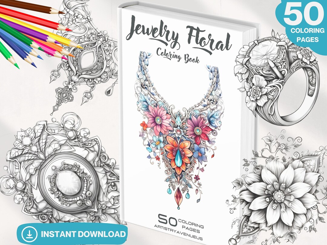 50 Jewelry Floral Coloring Book of Trinkets & Treasures, Flowers ...