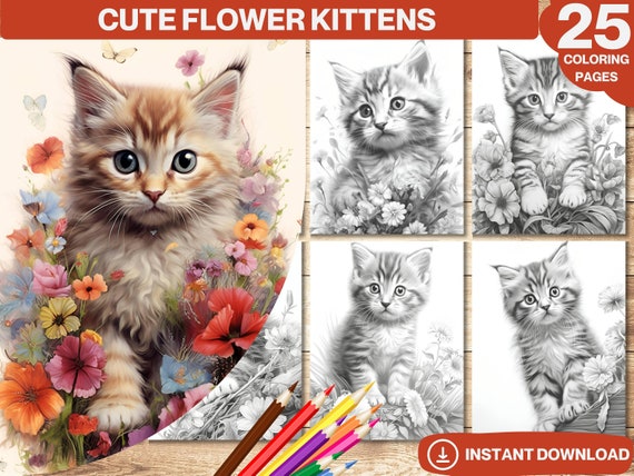 Cute Kittens and Flowers Coloring Book | 25 Printable Pages (PDF)