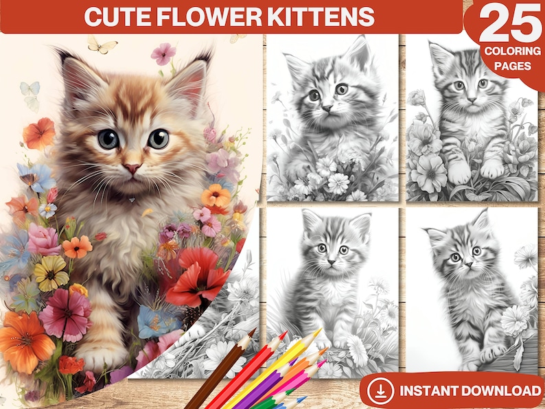May include: A set of 25 colouring pages featuring cute kittens surrounded by colourful flowers. The kittens are in various poses, some sitting, some standing, and some looking up. The flowers are a mix of different types, including roses, daisies, and poppies. The colouring pages are perfect for adults and children who enjoy colouring.