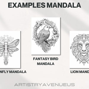 Op de afbeelding: Drie zwart-witte mandala-ontwerpen. Het eerste ontwerp is een libellen, het tweede is een vogel in een krans en het derde is een leeuwenkop. De tekst onder elk ontwerp luidt "Dragonfly Mandala", "Fantasy Bird Mandala" en "Lion Mandala". De tekst "Artistry Avenue" staat onderaan de afbeelding.