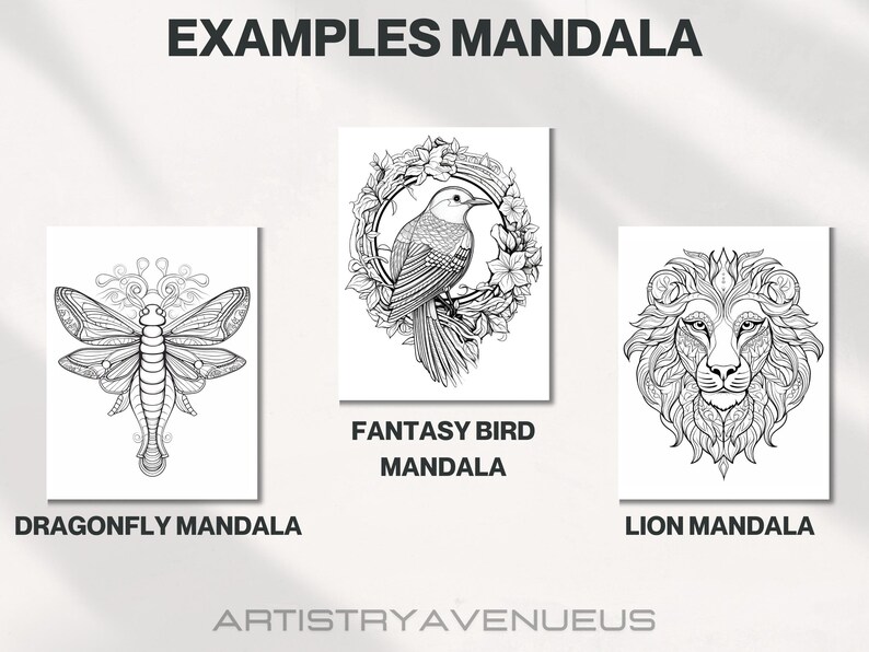 Op de afbeelding: Drie zwart-witte mandala-ontwerpen. Het eerste ontwerp is een libellen, het tweede is een vogel in een krans en het derde is een leeuwenkop. De tekst onder elk ontwerp luidt "Dragonfly Mandala", "Fantasy Bird Mandala" en "Lion Mandala". De tekst "Artistry Avenue" staat onderaan de afbeelding.