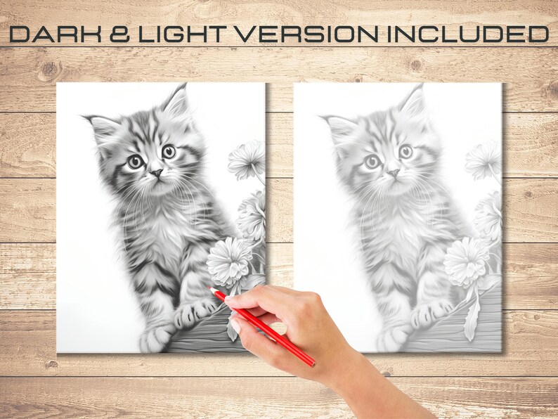 May include: A black and white pencil drawing of a kitten sitting on a branch with flowers. The drawing is on a white background.  DARK & LIGHT VERSION INCLUDED.
