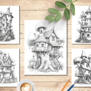 May include: Five black and white pencil drawings of whimsical houses. Each house has a unique design and is drawn in a detailed style. The houses are all set against a white background.
