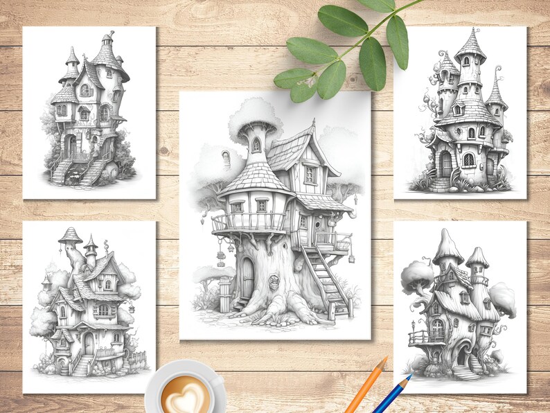 May include: Five black and white pencil drawings of whimsical houses. Each house has a unique design and is drawn in a detailed style. The houses are all set against a white background.