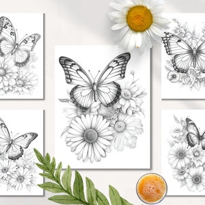 Pu&ograve; includere: Cinque stampe d'arte stampabili in bianco e nero con farfalle e fiori. Ogni stampa presenta un diverso arrangiamento di farfalle e fiori.