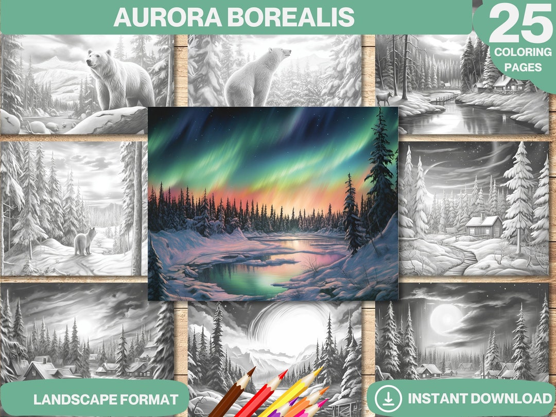 Aurora Borealis Coloring Book | Grayscale Adults and Kids Pages ...