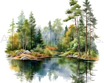 Watercolor Forest Lake Clipart – Nature JPGs, Commercial Use (Digital Download)