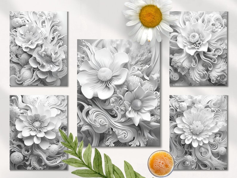 May include: Set of six black and white floral wall art prints. Each print features a different stylized flower with intricate details. The flowers are arranged in a circular pattern with a white background.