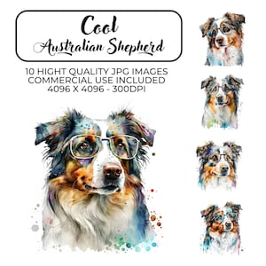 Cool Australian Shepherd Clipart - 10 High Quality JPGs | Digital Planners | Junk Journals | Cute Animal | Digital Download | Commercial Use