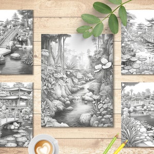 May include: Five black and white illustrations of different Japanese gardens with bridges, pagodas, and water features.