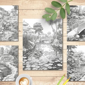 May include: Five black and white pencil drawings of Japanese gardens with bridges, ponds, and buildings. The drawings are on a wooden surface.