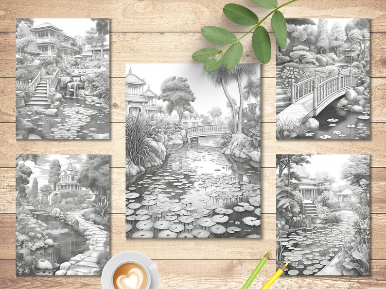 May include: Five black and white pencil drawings of Japanese gardens with bridges, ponds, and buildings. The drawings are on a wooden surface.