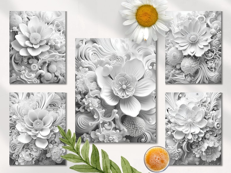 May include: Five black and white framed prints of paper flowers with intricate designs. The flowers are arranged in a symmetrical pattern with a white daisy in the center.