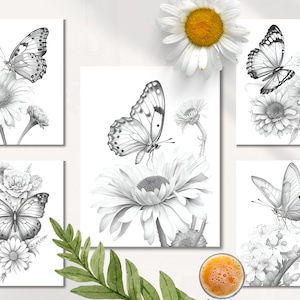 Pu&ograve; includere: Set di sei stampe d'arte stampabili in bianco e nero con farfalle e margherite. Ogni stampa presenta un diverso arrangiamento di farfalla e margherita.