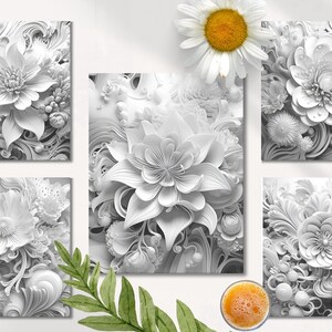 May include: Five black and white floral art prints with intricate paper flower designs. The prints are arranged in a grid pattern on a white background.