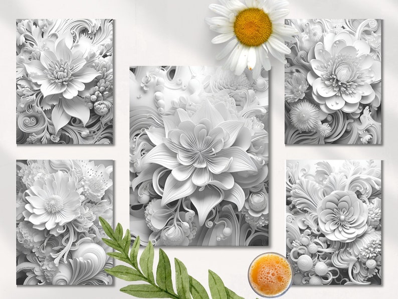 May include: Five black and white floral art prints with intricate paper flower designs. The prints are arranged in a grid pattern on a white background.