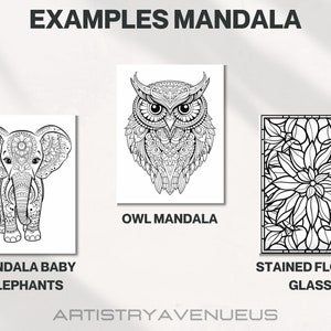 Op de afbeelding: Drie zwart-witte mandala-ontwerpen. Het eerste ontwerp is van twee baby-olifanten met ingewikkelde patronen. Het tweede ontwerp is van een uil met ingewikkelde patronen. Het derde ontwerp is van een glas-in-lood bloemenontwerp.