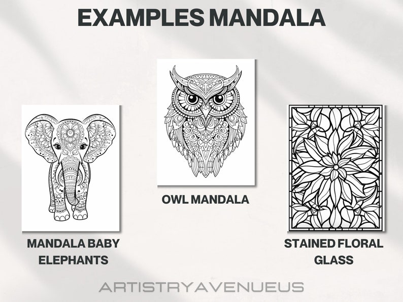 Op de afbeelding: Drie zwart-witte mandala-ontwerpen. Het eerste ontwerp is van twee baby-olifanten met ingewikkelde patronen. Het tweede ontwerp is van een uil met ingewikkelde patronen. Het derde ontwerp is van een glas-in-lood bloemenontwerp.