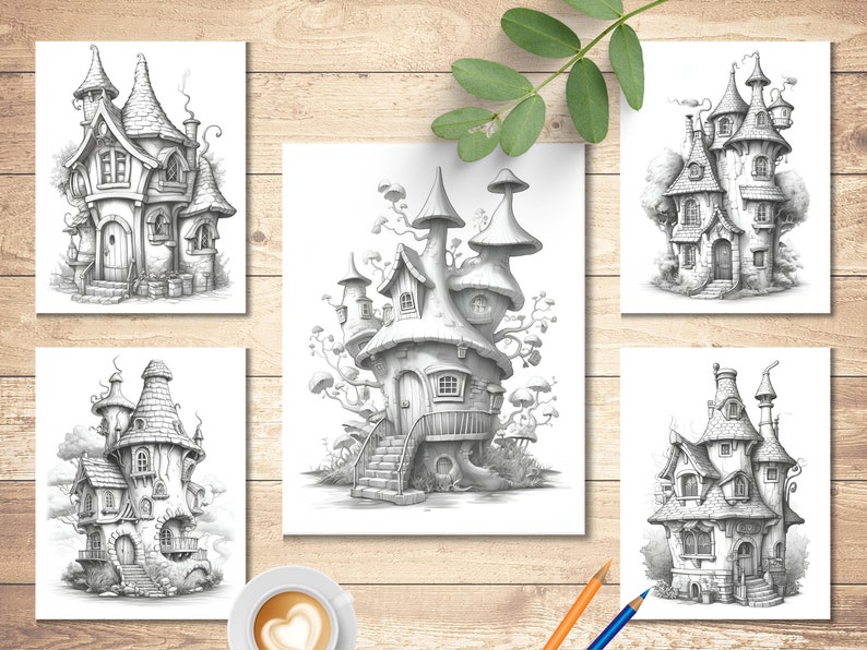 May include: Five black and white pencil drawings of whimsical houses. Each house has a unique design and is drawn in a detailed style.