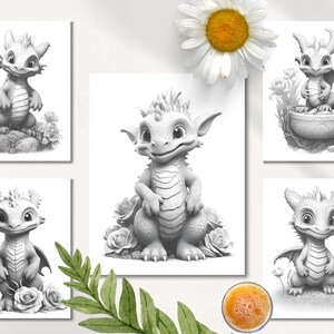 Puede incluir: Cinco ilustraciones en blanco y negro de adorables dragones beb&eacute;s en varias poses. Cada drag&oacute;n est&aacute; rodeado de flores y vegetaci&oacute;n.