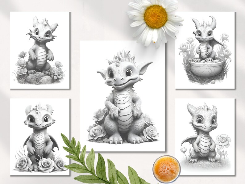 Puede incluir: Cinco ilustraciones en blanco y negro de adorables dragones beb&eacute;s en varias poses. Cada drag&oacute;n est&aacute; rodeado de flores y vegetaci&oacute;n.