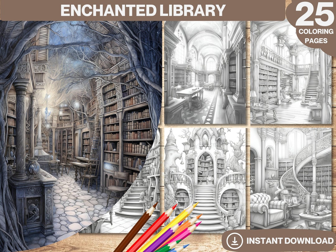 Enchanted Library Grayscale Coloring Book: 25 Fantasy Pages (printable ...