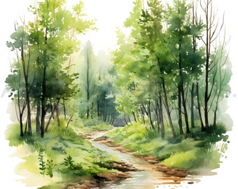 Watercolor Summer Forest Clipart – 12 JPGs, Commercial Use (Digital Download)