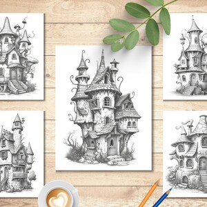May include: Five black and white pencil drawings of whimsical, detailed, multi-level houses with intricate designs. Each house has a unique style and features, including towers, turrets, and chimneys.
