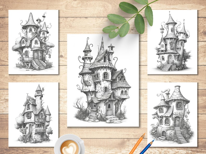 May include: Five black and white pencil drawings of whimsical, detailed, multi-level houses with intricate designs. Each house has a unique style and features, including towers, turrets, and chimneys.
