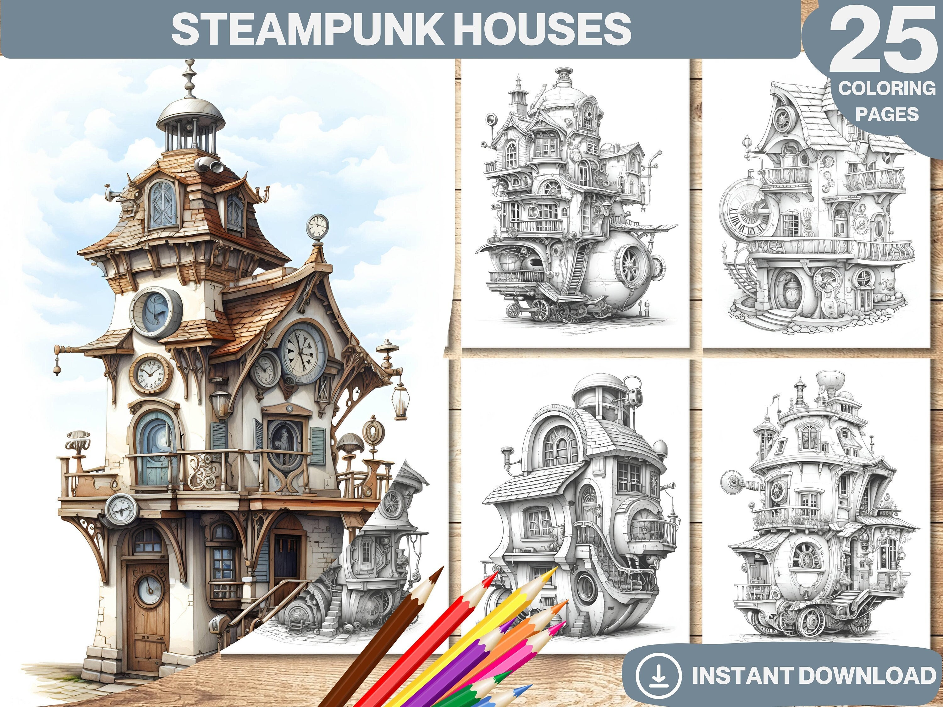 Steampunk Houses Coloring Book Fairy House Coloring Page for - Etsy