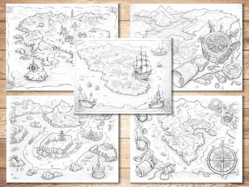 Pu&ograve; includere: Un set di sei illustrazioni in bianco e nero di mappe nautiche ed elementi nautici. Le mappe presentano isole, montagne e navi. Gli elementi nautici includono una bussola, un timone di nave e un telescopio.