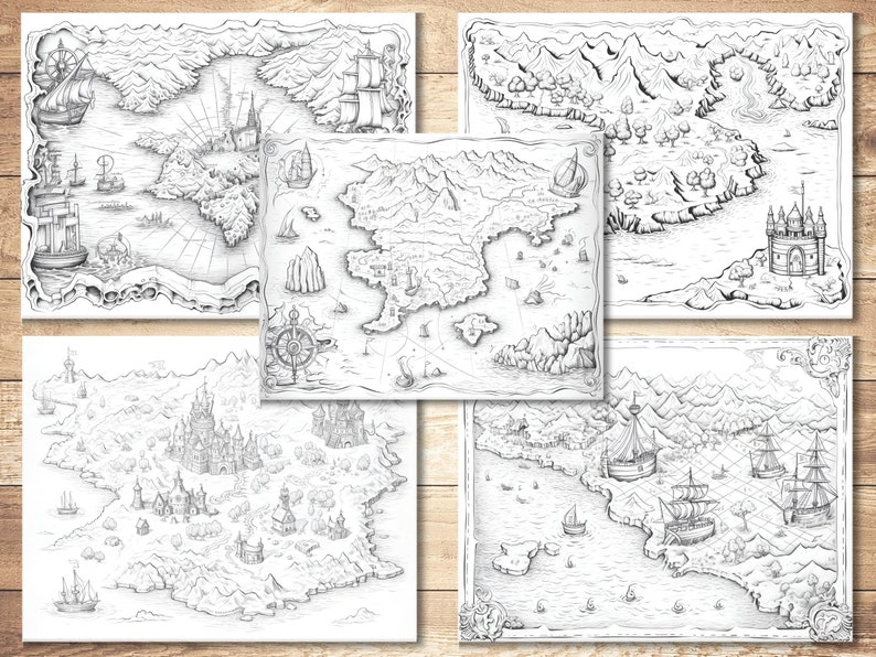 Pu&ograve; includere: Cinque mappe fantasy stampabili in bianco e nero con disegni dettagliati di isole, mari, montagne, foreste, castelli e navi. Le mappe sono perfette per giochi di ruolo, romanzi fantasy o progetti creativi.