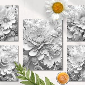 May include: Five black and white framed prints of paper flowers with intricate details. The prints are arranged in a grid pattern on a white surface.