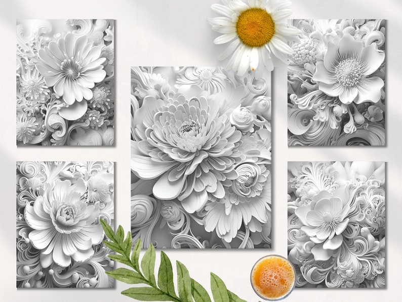 May include: Five black and white framed prints of paper flowers with intricate details. The prints are arranged in a grid pattern on a white surface.
