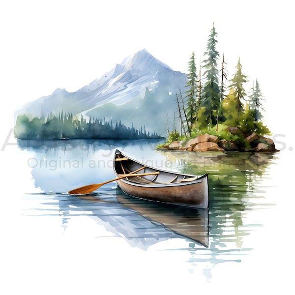 Canoe in Lake Clipart - 12 High Quality JPGs | Watercolor | Digital Planners | Junk Journals | Nature | Digital Download | Commercial Use