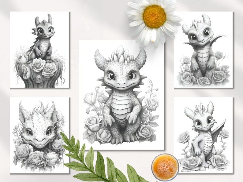 Puede incluir: Cinco ilustraciones en blanco y negro de adorables dragones beb&eacute;s con alas y cuernos. Cada drag&oacute;n est&aacute; rodeado de rosas y otras flores. Las ilustraciones son perfectas para p&aacute;ginas para colorear o arte de pared.