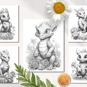 Puede incluir: Cinco ilustraciones en blanco y negro de adorables dragones beb&eacute;s con alas, sentados en una roca o un jard&iacute;n de flores. Los dragones est&aacute;n dibujados en un estilo realista con escamas y rasgos detallados.