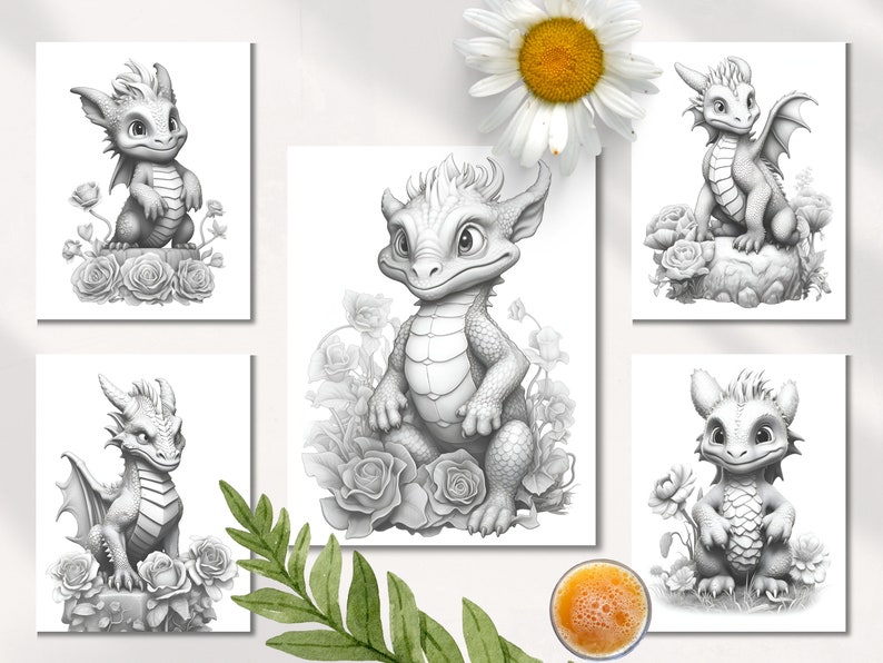 Puede incluir: Cinco ilustraciones en blanco y negro de adorables dragones beb&eacute;s con alas, sentados en una roca o un jard&iacute;n de flores. Los dragones est&aacute;n dibujados en un estilo realista con escamas y rasgos detallados.
