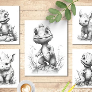 Cute Baby Dinosaur Coloring Book | Pages for Kids & Adults Grayscale ...