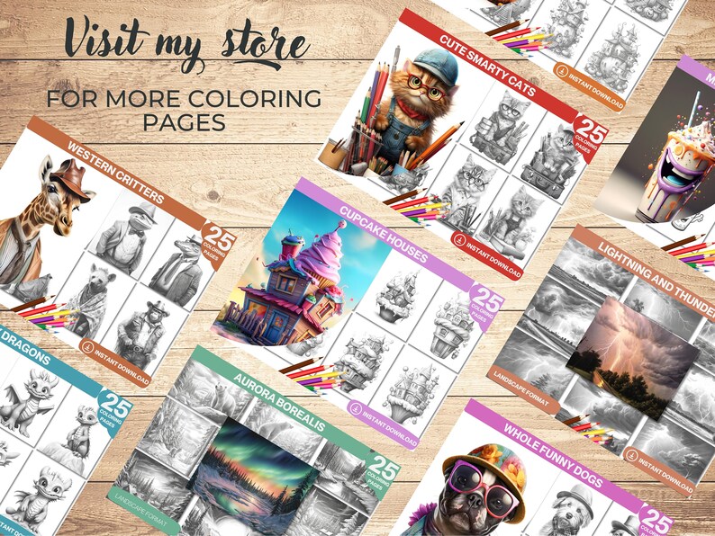 May include: A collection of 25 colouring pages featuring various themes, including cute cats, cupcake houses, dragons, western critters, aurora borealis, lightning and thunder, and funny dogs. Each page is available for instant download.